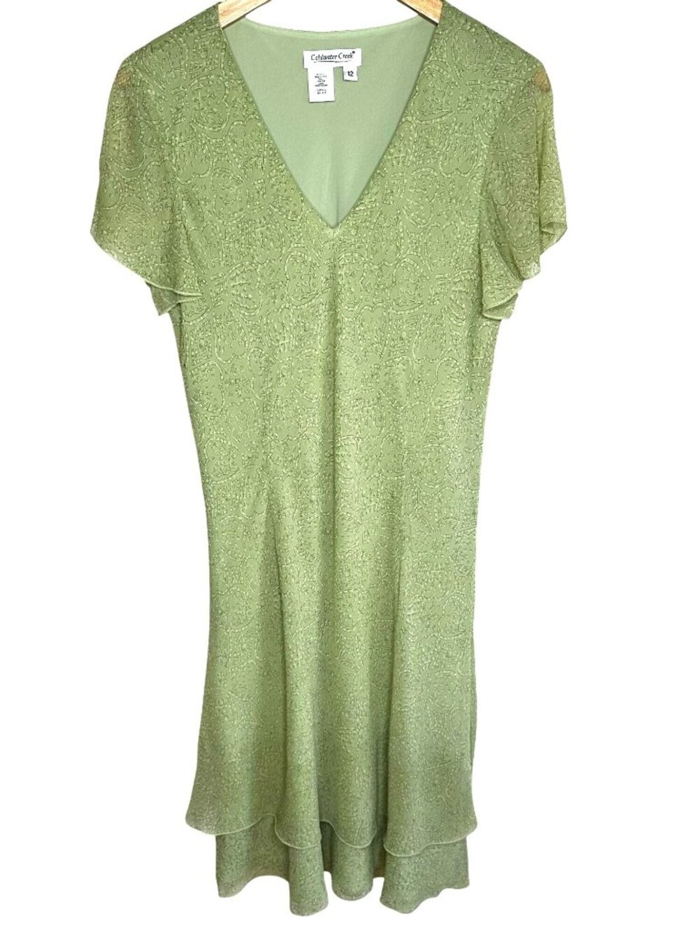 COLDWATER CREEK Light Green Silk Paisley Midi Tiered Dress Flutter Sleeve Sz 12